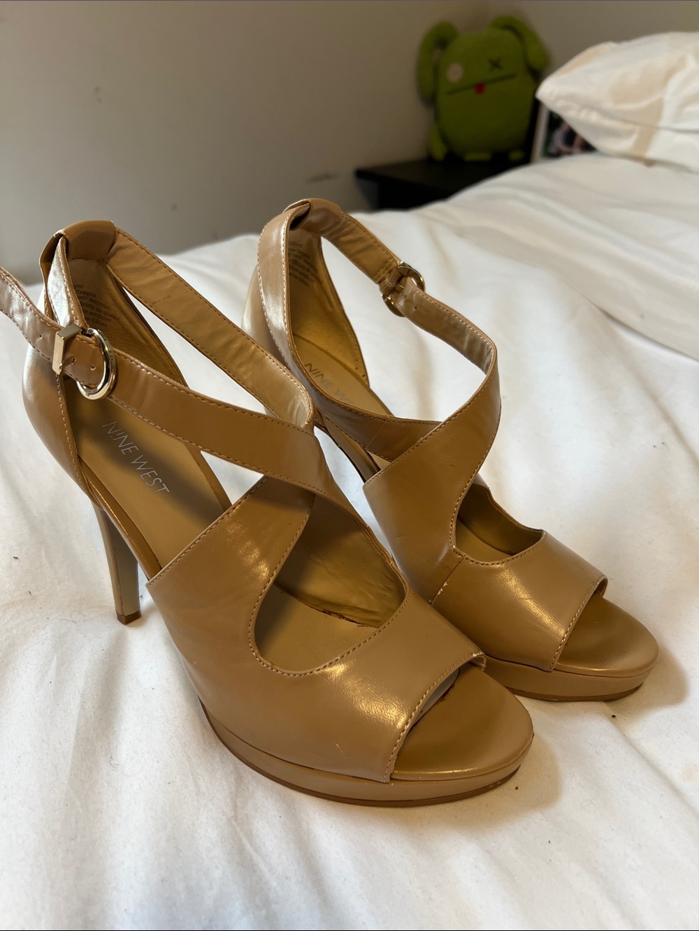 Nine West Camel Tan Cross-Strap Platform Peep-Toe Heels